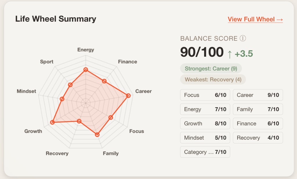 Ritma Koło Życia — wykres radarowy z 8 wymiarami życia i suwakami