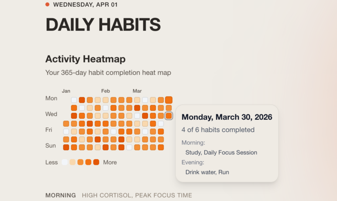 Daily habits 365-day heatmap and energy phases
